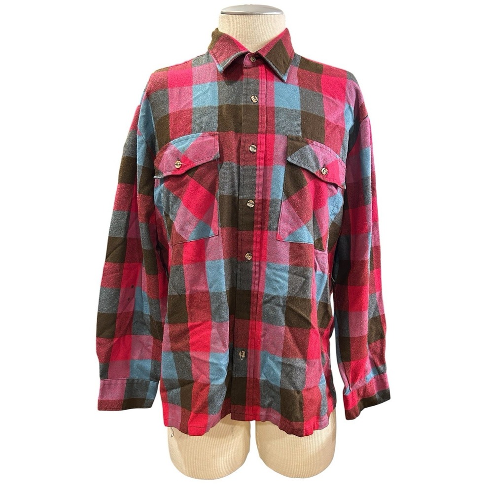 Midwest Clothing Company Flannel Shirt Mens L Pink Blue Plaid Long Sleeve